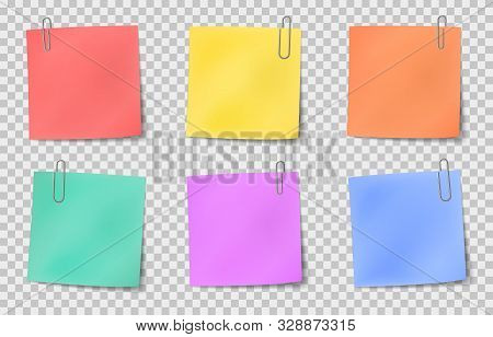 Note Sticky. Color Paper Notes Attached By Metallic Paper Clips, Information Noticeboard, Important 