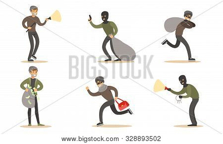 Criminals And Robbers Characters Set, Masked Burglars With Guns In Masks Stealing Money Vector Illus