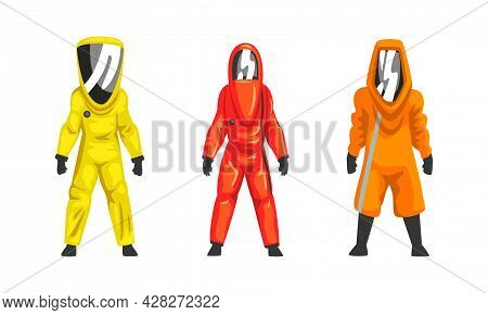 Man In Hazmat Suit As Personal Protective Equipment With Impermeable Garment Vector Set