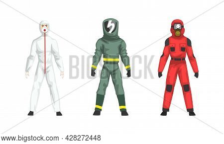 Man In Hazmat Suit As Personal Protective Equipment With Impermeable Garment Vector Set