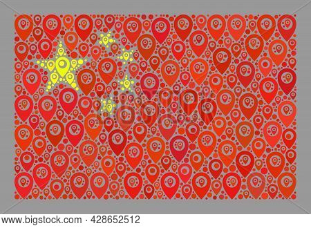 Mosaic Pointer China Flag Designed With Geotargeting Elements. Vector Mosaic Straight China Flag Don