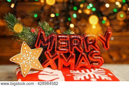 Lettering Xmas. Merry Christmas Calligraphy Lettering. Xmas Gold Stars Decoration Background. Xmas T