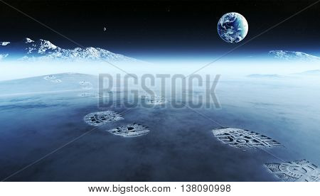 Conceptual artwork of mankind exploring space and alien planets. Footprints are the evidence left behind with the view of earth in distant space ( Elements of this 3D render furnished by NASA )