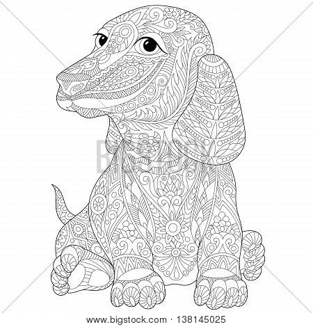 Stylized dachshund (teckel or german badger dog) isolated on white background. Freehand sketch for adult anti stress coloring book page with doodle and zentangle elements.