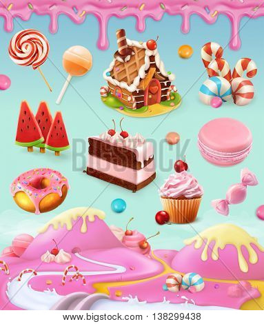 Confectionery and desserts, cake, cupcake, candy, lollipop, whipped cream, icing, set of vector graphics objects with sweet pink background, mesh illustration