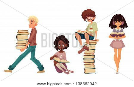 Set of children reading books, cartoon style vector illustration isolated on white background. Boy and girls sitting or walking and reading books, boy with a stack of books