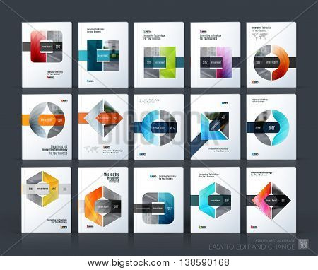 Brochure template layout, cover design annual report, magazine, flyer or leaflet in A4 with triangle, circle and square with overlap effect for business with industrial and modern concept. Vector set.