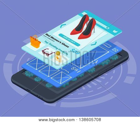 Mobile app development 3d flat isometric illustration with smartphone. The process of developing the site interface. Sketch mobile website. 3D user interface UI