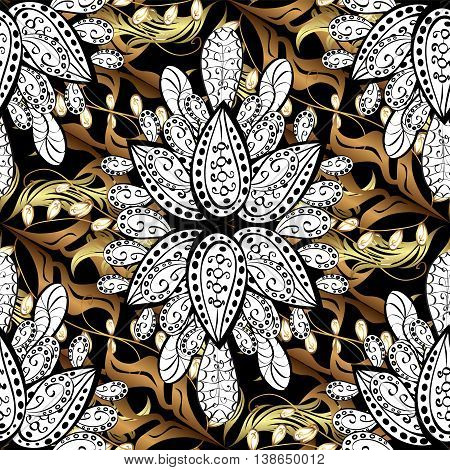 Seamless vintage pattern on black background with golden elements.