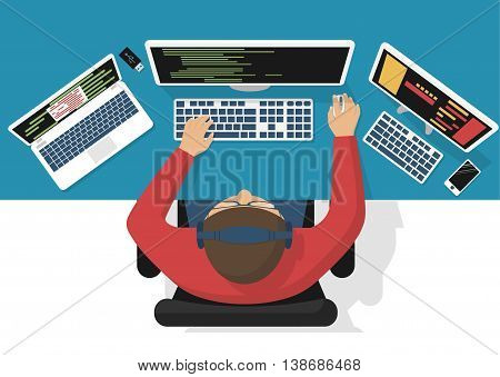 Programmer at computer desk working on program design. Software concept. Vector illustration flat design. Man working at desktop computer laptop. Coding web technology. Development applications.