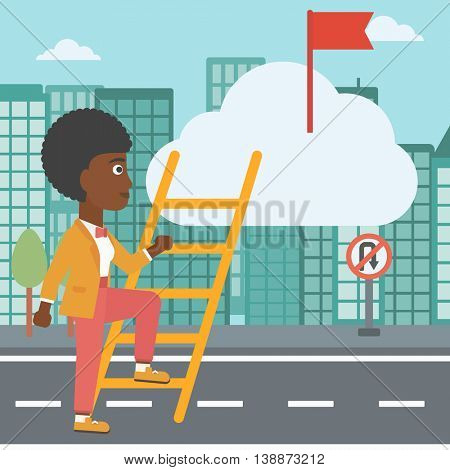 An african-american young business woman climbing up the ladder to get the red flag on the top of the cloud. Vector flat design illustration. Square layout.