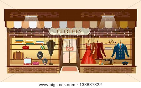 Clothes store building facade fashion clothing shop interior women shopping mall showcase model cartoon vector illustration