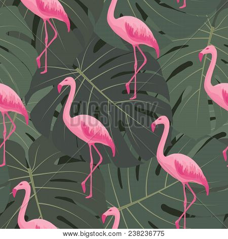 Tropical Seamless Pattern With Pink Flamingos. Vector Summer Floral Background With Tropic Palms, Gr