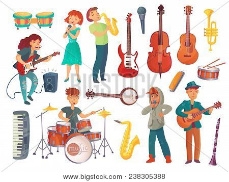 Cartoon Young Female And Male Singers With Microphones And Musician Characters With Music Instrument