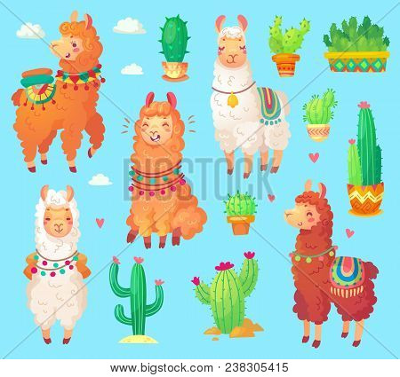 Mexican Cartoon Cute Alpaca With White Wool, Peru Desert Llama And Cactus Isolated. Funny Lama Anima