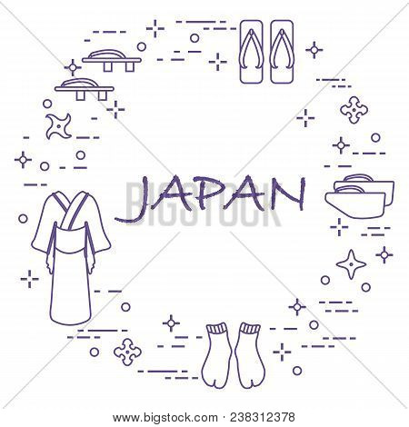 Traditional Japanese Clothing, Shoes And Shurikens. Japan Traditional Design Elements.