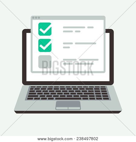 Online Checklist On Laptop Display. Success Quiz And Exam Testing Vector Concept. Illustration Of Ch