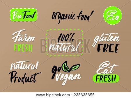 Eco Labels Set On Craft Background. Modern Brush Lettering Eco Food Tags. Vegan, Farm Fresh, Organic