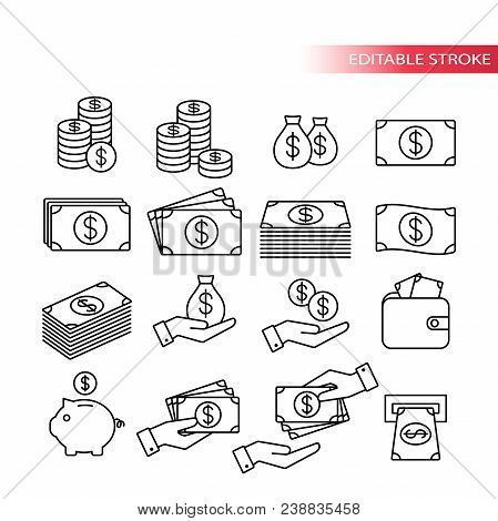 Thin Line, Fully Editable Icon Set. Money Icons. Money Stack, Coin Stack, Piggy Bank, Wallet With Mo