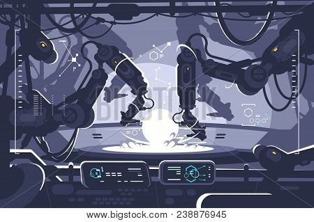 Automatic Robot In Industrial Production. Robo Hand Processed Product. Vector Illustration