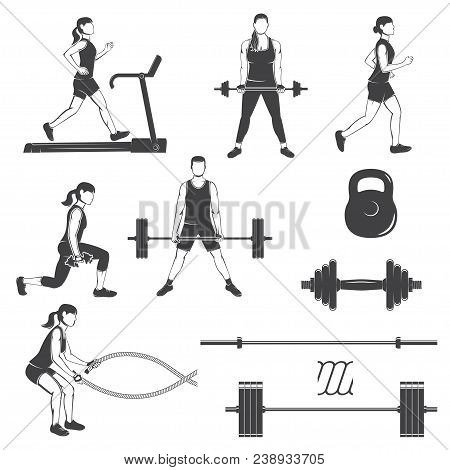 Set Of Fitness Girls With Fitness Equipments Silhouette. Runing On The Treadmill Machine, Working Ou