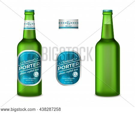 Realistic Detailed 3d Empty Template Mockup Gren Glass Beer Light Bottle And With Labels Set. Vector