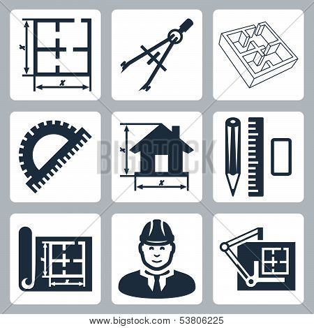 Vector building design icons set: layout, pair of compasses, protractor, pencil, ruler, eraser, blue