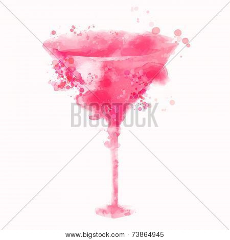 Pink cosmopolitan alcohol cocktail illustration with watercolor splashes