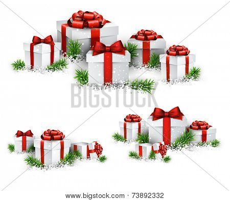 Christmas background with heaps of fir branches and realistic gift boxes. Vector illustration. 