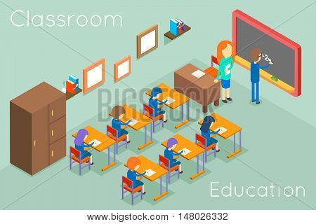 School classroom education isometric concept vector. Classroom interior for lesson, illustration classroom with teacher and students