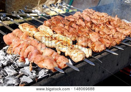 Grilling marinated shashlik on a grill. Shashlik is a form of Shish kebab popular in Eastern Central Europe and other places. Shashlik (meaning skewered meat) was originally made of lamb. Close up