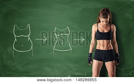 Concept of how a girl's body changing - from fat belly to perfect waist and abs on the background of a chalkboard. Self-improvement and sport. Athletic body. Workout and fitness.