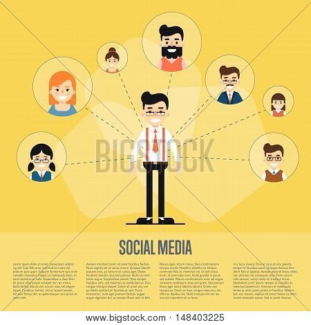 Social media and social network people connecting. Social network concept. Business network social conncetions. People life in social network. Social networking. Social media network infographics with people and their social network. Teamwork concept.