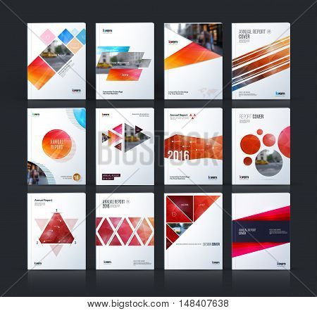 Brochure template layout, cover design annual report, magazine, flyer, leaflet in A4 with blue square, rhombus, circle, triangles, polygons with overlap effect for business and building. Vector set.