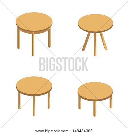 isometric vector set of round tables. round coffee table, small table with three legs,dining round table. Wooden round table isolated on white background