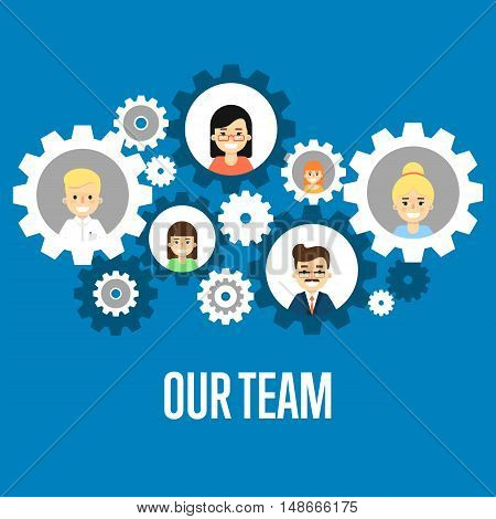 Cartoon teamwork people characters. Social network of teamwork people. Social media and social network people connect. Teamwork people together vector. Business team and teamwork concept. Teamwork people partnership and teamwork business community concept