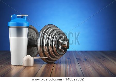 Dumbbell and whey protein shaker. Sports bodybuilding supplements or nutrition. Fitness or healthy lifestyle concept. 3d illustration