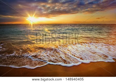 Beach holidays vacation background - calm ocean during tropical sunrise