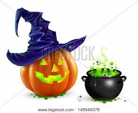 Realistic vector Halloween pumpkin in violet witchs hat and black witchs cauldron with green brew with eyes. Happy face Halloween pumpkin and cauldron isolated on white background.