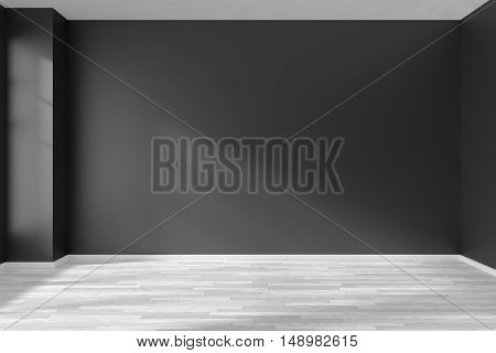 Black and white empty room with white hardwood parquet floor black walls and sunlight from window on the wall minimalist interior 3d illustration