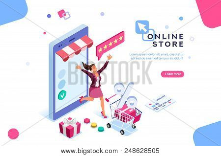 E-shop, Shopping Concept With Characters. Commercial Checkout Pay, Ecommerce Retail On Device For Cu