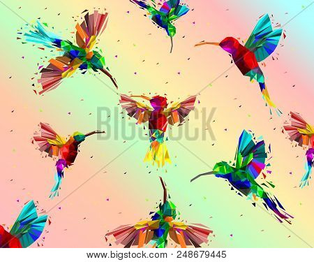 Pattern With Low Poly Colorful Hummingbird With Rainbow Back Ground,animal Geometric,party Birds Con