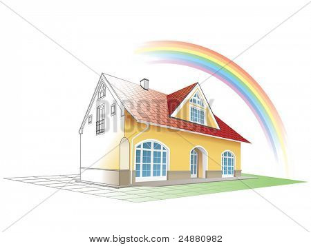 House from sketch to colorful reality, rainbow. Building, construction, painting. Vector illustration