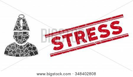 Mosaic Head Stress Icon And Red Stress Seal Stamp Between Double Parallel Lines. Flat Vector Head St