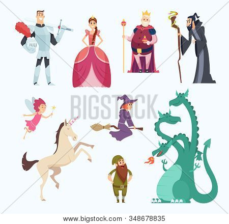 Fairy Tales Heroes. Witch Wizard Princess Dragon Funny Characters In Cartoon Style Vector Set. Fanta