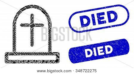 Mosaic Tombstone And Distressed Stamp Seals With Died Caption. Mosaic Vector Tombstone Is Created Wi