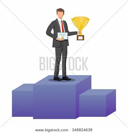 Successful Businessman Holding Trophy And Showing Award Certificate, Celebrates His Victory. Busines