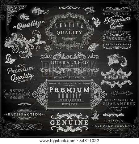 Vector set of calligraphic vintage elements: page decoration, Premium Quality and Satisfaction Guarantee Label, antique and baroque frames | Chalkboard background. Black design variant. Chalk style.