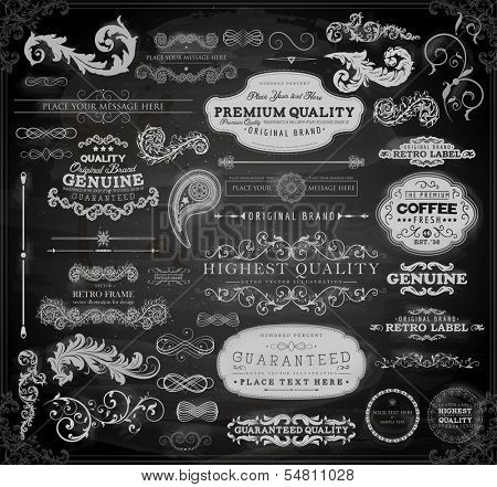 Vector set of calligraphic vintage elements: page decoration, Premium Quality and Satisfaction Guarantee Label, antique and baroque frames | Chalkboard background. Black design variant. Chalk style.