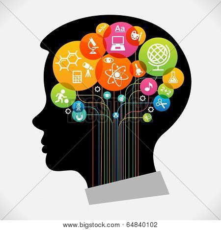 The concept of modern education.  Infographic Template with silhouette child head, abstract brain, science and education icons The generation of knowledge. File is saved in AI10 EPS version. 